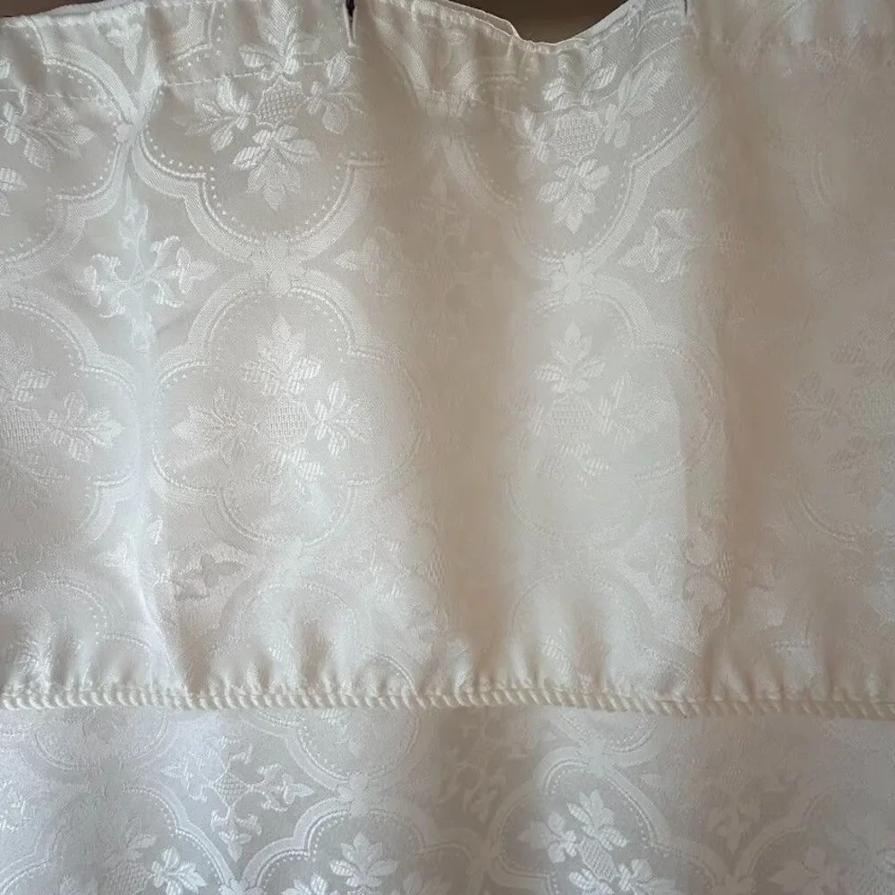 White Tone on Tone Shower Curtain with Built-In Valance Jacquard Damask Pattern